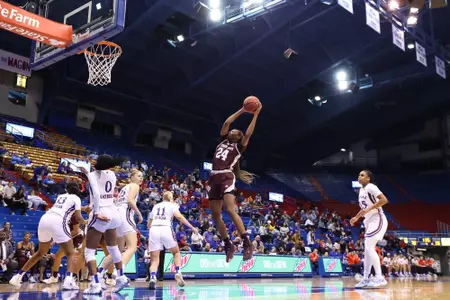 LAWRENCE, KS - November 30, 2022 - Guard Sahara Jones #24 of the Texas A&M Aggies during the game between the Kansas Jayhawks and the Texas A&M Aggies at Allen Fieldhouse in Lawrence, KS. Photo By Ethan Mito/Texas A&M Athletics