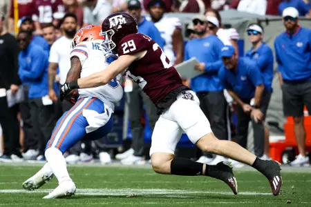 COLLEGE STATION, TX - November 05, 2022 - Defensive back Sam Mathews #29 of the Texas A&M Aggies during the game between the Florida Gators and the Texas A&M Aggies at Kyle Field in College Station, TX. Photo By Craig Bisacre/Texas A&M Athletics