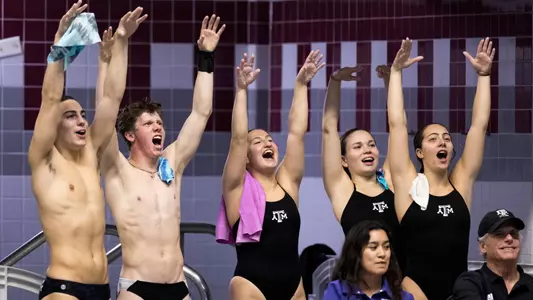 COLLEGE STATION, TX - November 04, 2022 - Matthew Aigner, Rhett Hensley, Alyssa Clairmont, Payton Props and Joslyn Oakley of the Texas A&M Aggies during the game between the TCU Horned Frogs and the Texas A&M Aggies at Rec Center Natatorium in College Station, TX. Photo By Ethan Mito/Texas A&M Athletics