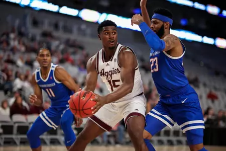 FORT WORTH, TX - December 03, 2022 - Forward Henry Coleman III #15 of the Texas A&M Aggies during the game between the Boise State Broncos and the Texas A&M Aggies at DickieÕs Arena in Fort Worth, TX. Photo By Craig Bisacre/Texas A&M Athletics