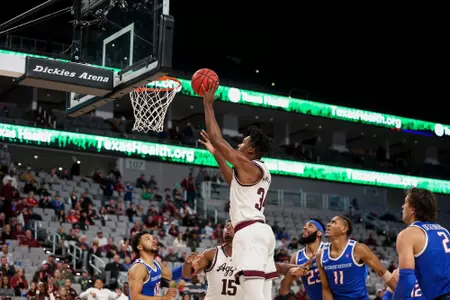 FORT WORTH, TX - December 03, 2022 - Forward Julius Marble #34 of the Texas A&M Aggies during the game between the Boise State Broncos and the Texas A&M Aggies at DickieÕs Arena in Fort Worth, TX. Photo By Craig Bisacre/Texas A&M Athletics