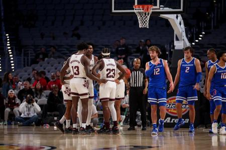 FORT WORTH, TX - December 03, 2022 - Texas A&M Men's Basketball Team during the game between the Boise State Broncos and the Texas A&M Aggies at DickieÕs Arena in Fort Worth, TX. Photo By Craig Bisacre/Texas A&M Athletics

