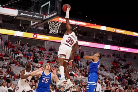 FORT WORTH, TX - December 03, 2022 - Guard Manny Obaseki #35 of the Texas A&M Aggies during the game between the Boise State Broncos and the Texas A&M Aggies at DickieÕs Arena in Fort Worth, TX. Photo By Craig Bisacre/Texas A&M Athletics