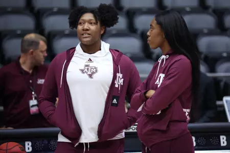 LITTLE ROCK, AR - December 06, 2022 - Center Sydnee Roby #44 of the Texas A&M Aggies and Forward Maliyah Johnson #14 of the Texas A&M Aggies during the game between the Little Rock Trojans and the Texas A&M Aggies at Jack Stephens Center in Little Rock, AR. Photo By Ethan Mito/Texas A&M Athletics