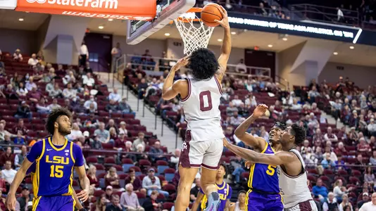 COLLEGE STATION, TX - February 08, 2022 - Guard Aaron Cash #0 of the Texas A&M Aggies during the game between the LSU Tigers and the Texas A&M Aggies at Reed Arena in College Station, TX. Photo By Craig Bisacre/Texas A&M Athletics