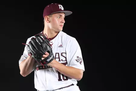 COLLEGE STATION, TX - January 12, 2022 - Pitcher Chris Cortez #10 of the Texas A&M Aggies during Texas A&M Aggies Baseball photo day in College Station, TX. Photo By Craig Bisacre/Texas A&M Athletics