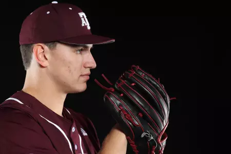 COLLEGE STATION, TX - January 12, 2022 - Pitcher Nathan Dettmer #35 of the Texas A&M Aggies during Texas A&M Aggies Baseball photo day in College Station, TX. Photo By Craig Bisacre/Texas A&M Athletics