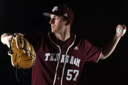 COLLEGE STATION, TX - January 12, 2022 - Pitcher Jonathan Childress #57 of the Texas A&M Aggies during Texas A&M Aggies Baseball photo day in College Station, TX. Photo By Craig Bisacre/Texas A&M Athletics