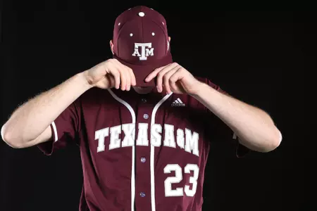 COLLEGE STATION, TX - January 12, 2022 - Outfielder Brett Minnich #23 of the Texas A&M Aggies during Texas A&M Aggies Baseball photo day in College Station, TX. Photo By Craig Bisacre/Texas A&M Athletics