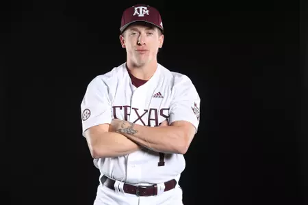 COLLEGE STATION, TX - January 12, 2022 - Infielder Kole Kaler #1 of the Texas A&M Aggies during Texas A&M Aggies Baseball photo day in College Station, TX. Photo By Craig Bisacre/Texas A&M Athletics