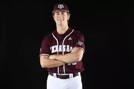 COLLEGE STATION, TX - January 12, 2022 - Pitcher Landon Ellington #46 of the Texas A&M Aggies during Texas A&M Aggies Baseball photo day in College Station, TX. Photo By Craig Bisacre/Texas A&M Athletics