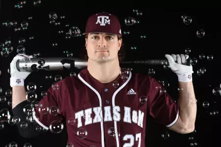 COLLEGE STATION, TX - January 12, 2022 - Outfielder Dylan Rock #27 of the Texas A&M Aggie during Texas A&M Aggies Baseball photo day in College Station, TX. Photo By Craig Bisacre/Texas A&M Athletics