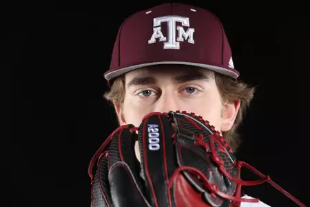 COLLEGE STATION, TX - January 12, 2022 - Pitcher Landon Ellington #46 of the Texas A&M Aggies during Texas A&M Aggies Baseball photo day in College Station, TX. Photo By Craig Bisacre/Texas A&M Athletics