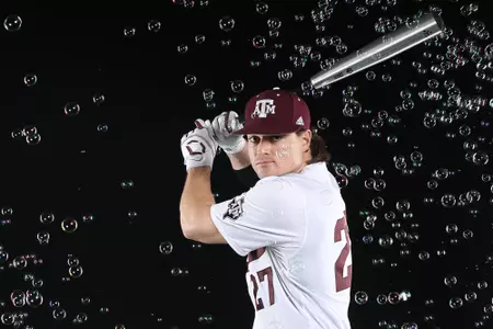 COLLEGE STATION, TX - January 12, 2022 - Outfielder Dylan Rock #27 of the Texas A&M Aggies during Texas A&M Aggies Baseball photo day in College Station, TX. Photo By Craig Bisacre/Texas A&M Athletics