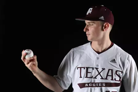 COLLEGE STATION, TX - January 12, 2022 - Catcher Robert Antonetti #45 of the Texas A&M Aggies during Texas A&M Aggies Baseball photo day in College Station, TX. Photo By Craig Bisacre/Texas A&M Athletics