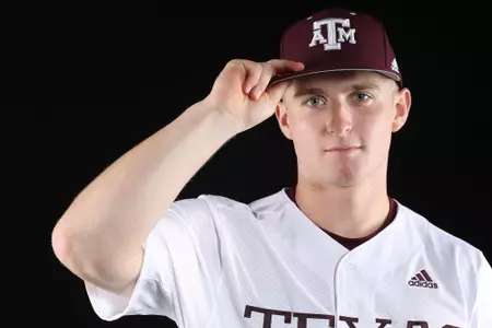 COLLEGE STATION, TX - January 12, 2022 - Catcher Robert Antonetti #45 of the Texas A&M Aggies during Texas A&M Aggies Baseball photo day in College Station, TX. Photo By Craig Bisacre/Texas A&M Athletics