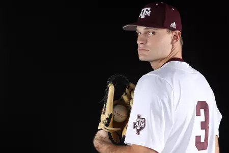 COLLEGE STATION, TX - January 12, 2022 - Outfielder Logan Britt #3 of the Texas A&M Aggies during Texas A&M Aggies Baseball photo day in College Station, TX. Photo By Craig Bisacre/Texas A&M Athletics