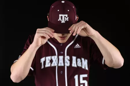 COLLEGE STATION, TX - January 12, 2022 - Pitcher Will Johnston #15 of the Texas A&M Aggies during Texas A&M Aggies Baseball photo day in College Station, TX. Photo By Craig Bisacre/Texas A&M Athletics