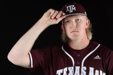COLLEGE STATION, TX - January 12, 2022 - Pitcher Alex Magers #53 of the Texas A&M Aggies during Texas A&M Aggies Baseball photo day in College Station, TX. Photo By Craig Bisacre/Texas A&M Athletics
