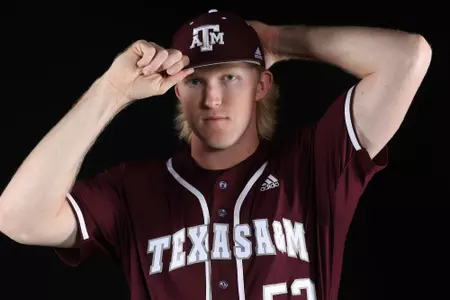 COLLEGE STATION, TX - January 12, 2022 - Pitcher Alex Magers #53 of the Texas A&M Aggies during Texas A&M Aggies Baseball photo day in College Station, TX. Photo By Craig Bisacre/Texas A&M Athletics