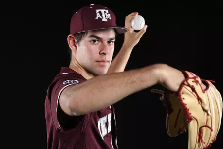 COLLEGE STATION, TX - January 12, 2022 - Pitcher Ryan Prager #18 of the Texas A&M Aggies during Texas A&M Aggies Baseball photo day in College Station, TX. Photo By Craig Bisacre/Texas A&M Athletics