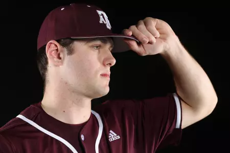COLLEGE STATION, TX - January 12, 2022 - Pitcher Robert Hogan #13 of the Texas A&M Aggies during Texas A&M Aggies Baseball photo day in College Station, TX. Photo By Craig Bisacre/Texas A&M Athletics