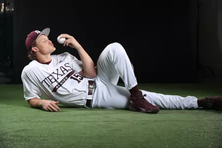 COLLEGE STATION, TX - January 12, 2022 - Pitcher Will Johnston #15 of the Texas A&M Aggies during Texas A&M Aggies Baseball photo day in College Station, TX. Photo By Craig Bisacre/Texas A&M Athletics