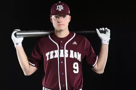 COLLEGE STATION, TX - January 12, 2022 - Infielder Jack Moss #9 of the Texas A&M Aggies during Texas A&M Aggies Baseball photo day in College Station, TX. Photo By Craig Bisacre/Texas A&M Athletics