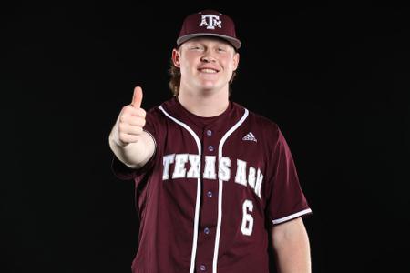 COLLEGE STATION, TX - January 12, 2022 - Pitcher Joseph Menefee #6 of the Texas A&M Aggies during Texas A&M Aggies Baseball photo day in College Station, TX. Photo By Craig Bisacre/Texas A&M Athletics