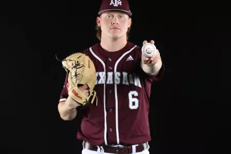 COLLEGE STATION, TX - January 12, 2022 - Pitcher Joseph Menefee #6 of the Texas A&M Aggies during Texas A&M Aggies Baseball photo day in College Station, TX. Photo By Craig Bisacre/Texas A&M Athletics