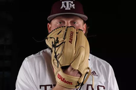 COLLEGE STATION, TX - January 12, 2022 - Pitcher Joseph Menefee #6 of the Texas A&M Aggies during Texas A&M Aggies Baseball photo day in College Station, TX. Photo By Craig Bisacre/Texas A&M Athletics