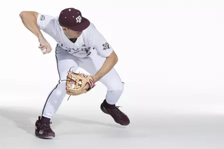 COLLEGE STATION, TX - January 12, 2022 - outfielder Brandon Bishop #25 of the Texas A&M Aggies during the Texas A&M Aggies 2022 Baseball Photo Day in The Studio in Kyle Field College Station, TX. Photo By Craig Bisacre/Texas A&M Athletics