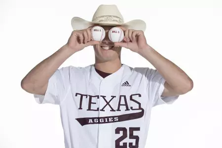 COLLEGE STATION, TX - January 12, 2022 - outfielder Brandon Bishop #25 of the Texas A&M Aggies during the Texas A&M Aggies 2022 Baseball Photo Day in The Studio in Kyle Field College Station, TX. Photo By Craig Bisacre/Texas A&M Athletics