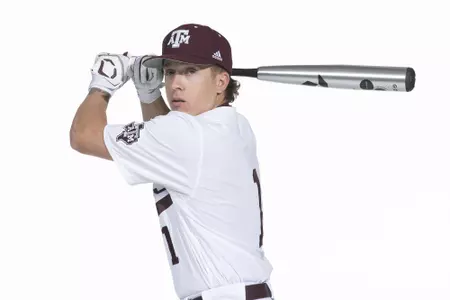 COLLEGE STATION, TX - January 12, 2022 - infielder Kole Kaler #1 of the Texas A&M Aggies during the Texas A&M Aggies 2022 Baseball Photo Day in The Studio in Kyle Field College Station, TX. Photo By Craig Bisacre/Texas A&M Athletics
