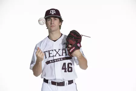 COLLEGE STATION, TX - January 12, 2022 - right hand pitcher Landon Ellington #46 of the Texas A&M Aggies during the Texas A&M Aggies 2022 Baseball Photo Day in The Studio in Kyle Field College Station, TX. Photo By Craig Bisacre/Texas A&M Athletics