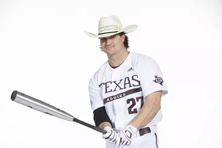 COLLEGE STATION, TX - January 12, 2022 - outfielder Dylan Rock #27 of the Texas A&M Aggies during the Texas A&M Aggies 2022 Baseball Photo Day in The Studio in Kyle Field College Station, TX. Photo By Craig Bisacre/Texas A&M Athletics