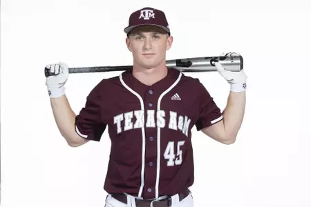 COLLEGE STATION, TX - January 12, 2022 - catcher Robert Antonetti #45 of the Texas A&M Aggies during the Texas A&M Aggies 2022 Baseball Photo Day in The Studio in Kyle Field College Station, TX. Photo By Craig Bisacre/Texas A&M Athletics