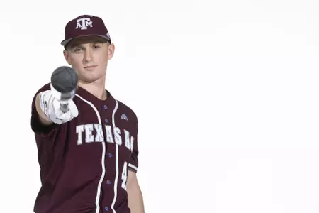 COLLEGE STATION, TX - January 12, 2022 - catcher Robert Antonetti #45 of the Texas A&M Aggies during the Texas A&M Aggies 2022 Baseball Photo Day in The Studio in Kyle Field College Station, TX. Photo By Craig Bisacre/Texas A&M Athletics