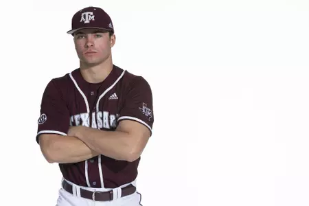 COLLEGE STATION, TX - January 12, 2022 - right hand pitcher Will Rizzo #44 of the Texas A&M Aggies during the Texas A&M Aggies 2022 Baseball Photo Day in The Studio in Kyle Field College Station, TX. Photo By Craig Bisacre/Texas A&M Athletics