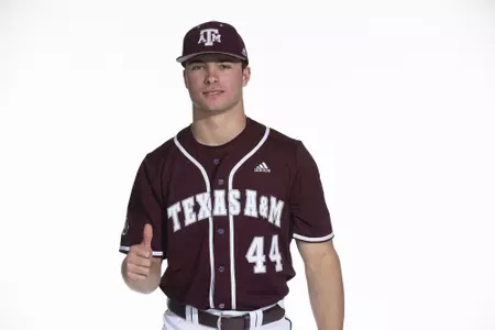 COLLEGE STATION, TX - January 12, 2022 - right hand pitcher Will Rizzo #44 of the Texas A&M Aggies during the Texas A&M Aggies 2022 Baseball Photo Day in The Studio in Kyle Field College Station, TX. Photo By Craig Bisacre/Texas A&M Athletics