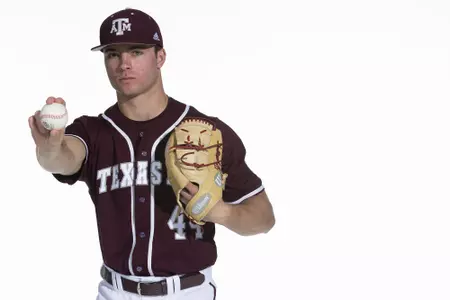 COLLEGE STATION, TX - January 12, 2022 - right hand pitcher Will Rizzo #44 of the Texas A&M Aggies during the Texas A&M Aggies 2022 Baseball Photo Day in The Studio in Kyle Field College Station, TX. Photo By Craig Bisacre/Texas A&M Athletics