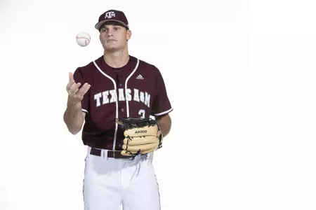 COLLEGE STATION, TX - January 12, 2022 - outfielder Logan Britt #3 of the Texas A&M Aggies during the Texas A&M Aggies 2022 Baseball Photo Day in The Studio in Kyle Field College Station, TX. Photo By Craig Bisacre/Texas A&M Athletics