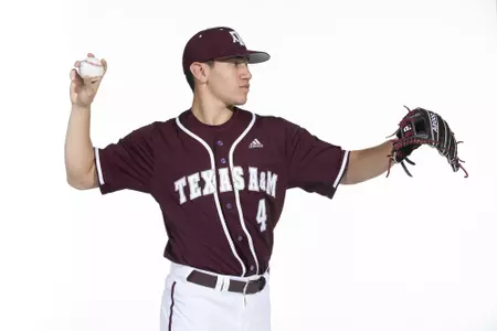 COLLEGE STATION, TX - January 12, 2022 - infielder Kalae Harrison #4 of the Texas A&M Aggies during the Texas A&M Aggies 2022 Baseball Photo Day in The Studio in Kyle Field College Station, TX. Photo By Craig Bisacre/Texas A&M Athletics