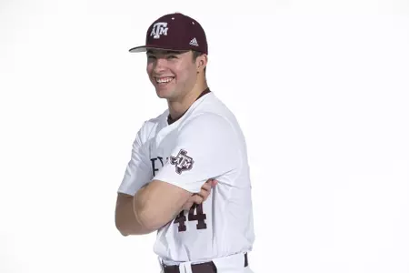 COLLEGE STATION, TX - January 12, 2022 - right hand pitcher Will Rizzo #44 of the Texas A&M Aggies during the Texas A&M Aggies 2022 Baseball Photo Day in The Studio in Kyle Field College Station, TX. Photo By Craig Bisacre/Texas A&M Athletics