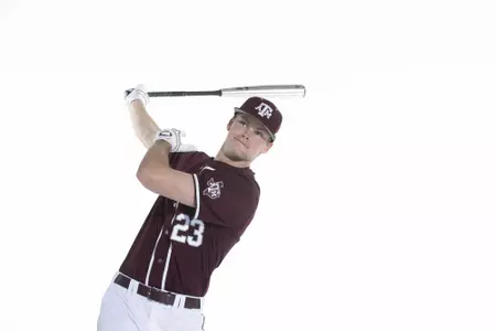 COLLEGE STATION, TX - January 12, 2022 - outfielder Brett Minnich #23 of the Texas A&M Aggies during the Texas A&M Aggies 2022 Baseball Photo Day in The Studio in Kyle Field College Station, TX. Photo By Craig Bisacre/Texas A&M Athletics