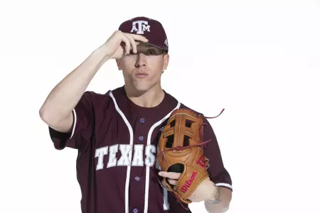 COLLEGE STATION, TX - January 12, 2022 - infielder Kole Kaler #1 of the Texas A&M Aggies during the Texas A&M Aggies 2022 Baseball Photo Day in The Studio in Kyle Field College Station, TX. Photo By Craig Bisacre/Texas A&M Athletics