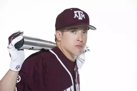 COLLEGE STATION, TX - January 12, 2022 - infielder Kole Kaler #1 of the Texas A&M Aggies during the Texas A&M Aggies 2022 Baseball Photo Day in The Studio in Kyle Field College Station, TX. Photo By Craig Bisacre/Texas A&M Athletics