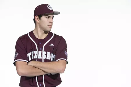 COLLEGE STATION, TX - January 12, 2022 - left hand pitcher Ryan Prager #18 of the Texas A&M Aggies during the Texas A&M Aggies 2022 Baseball Photo Day in The Studio in Kyle Field College Station, TX. Photo By Craig Bisacre/Texas A&M Athletics