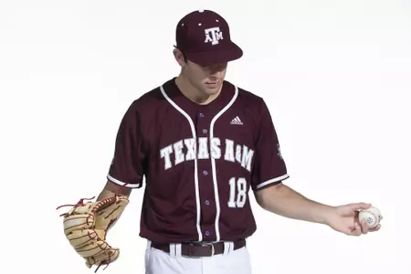 COLLEGE STATION, TX - January 12, 2022 - left hand pitcher Ryan Prager #18 of the Texas A&M Aggies during the Texas A&M Aggies 2022 Baseball Photo Day in The Studio in Kyle Field College Station, TX. Photo By Craig Bisacre/Texas A&M Athletics