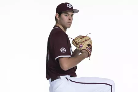 COLLEGE STATION, TX - January 12, 2022 - left hand pitcher Ryan Prager #18 of the Texas A&M Aggies during the Texas A&M Aggies 2022 Baseball Photo Day in The Studio in Kyle Field College Station, TX. Photo By Craig Bisacre/Texas A&M Athletics